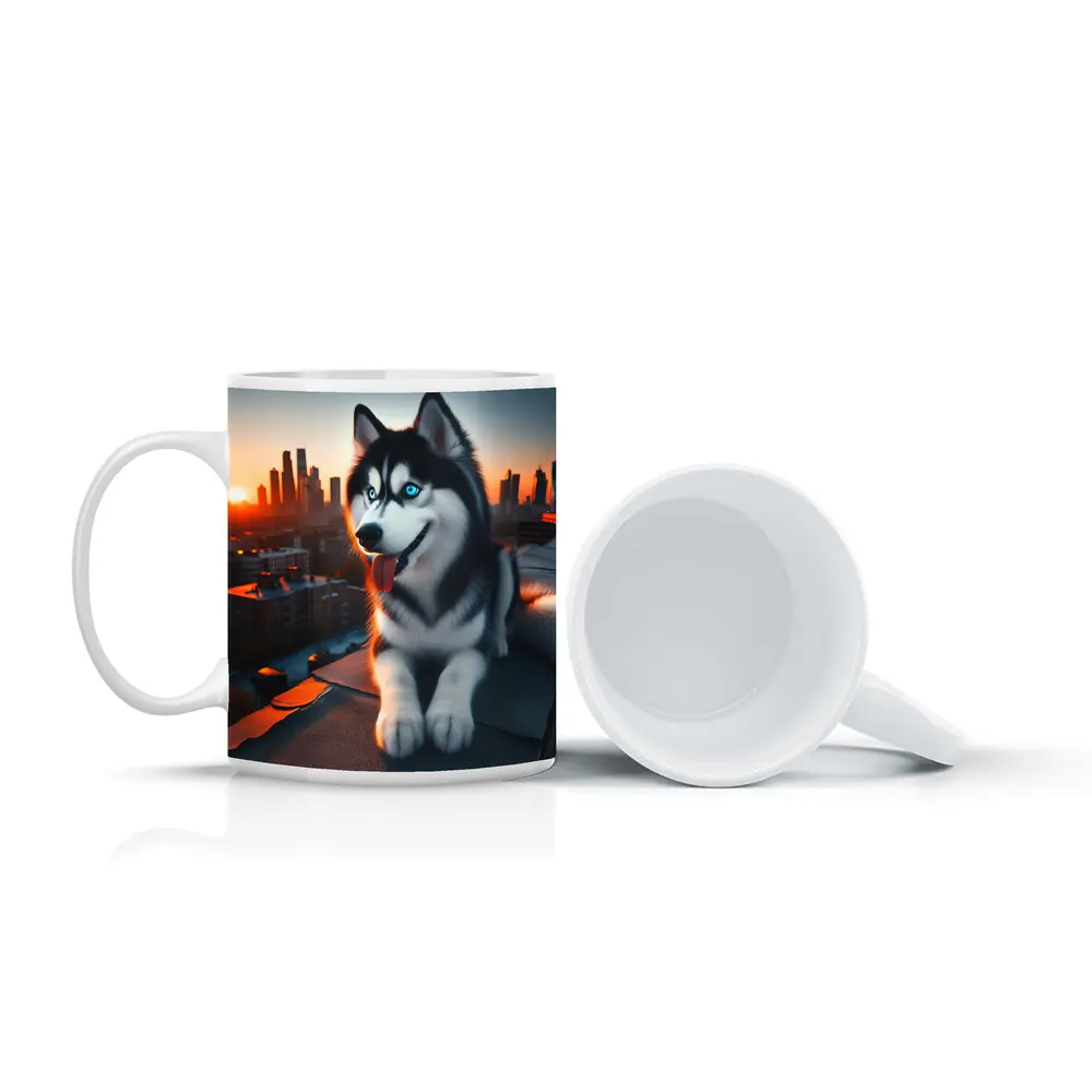 Siberian Husky Blue Eyes City Sunset – Mugs