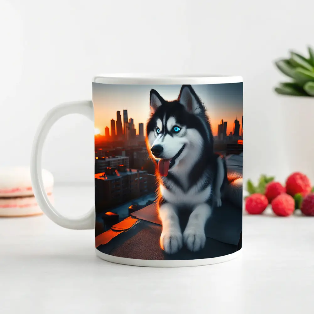 Siberian Husky Blue Eyes City Sunset – Mugs
