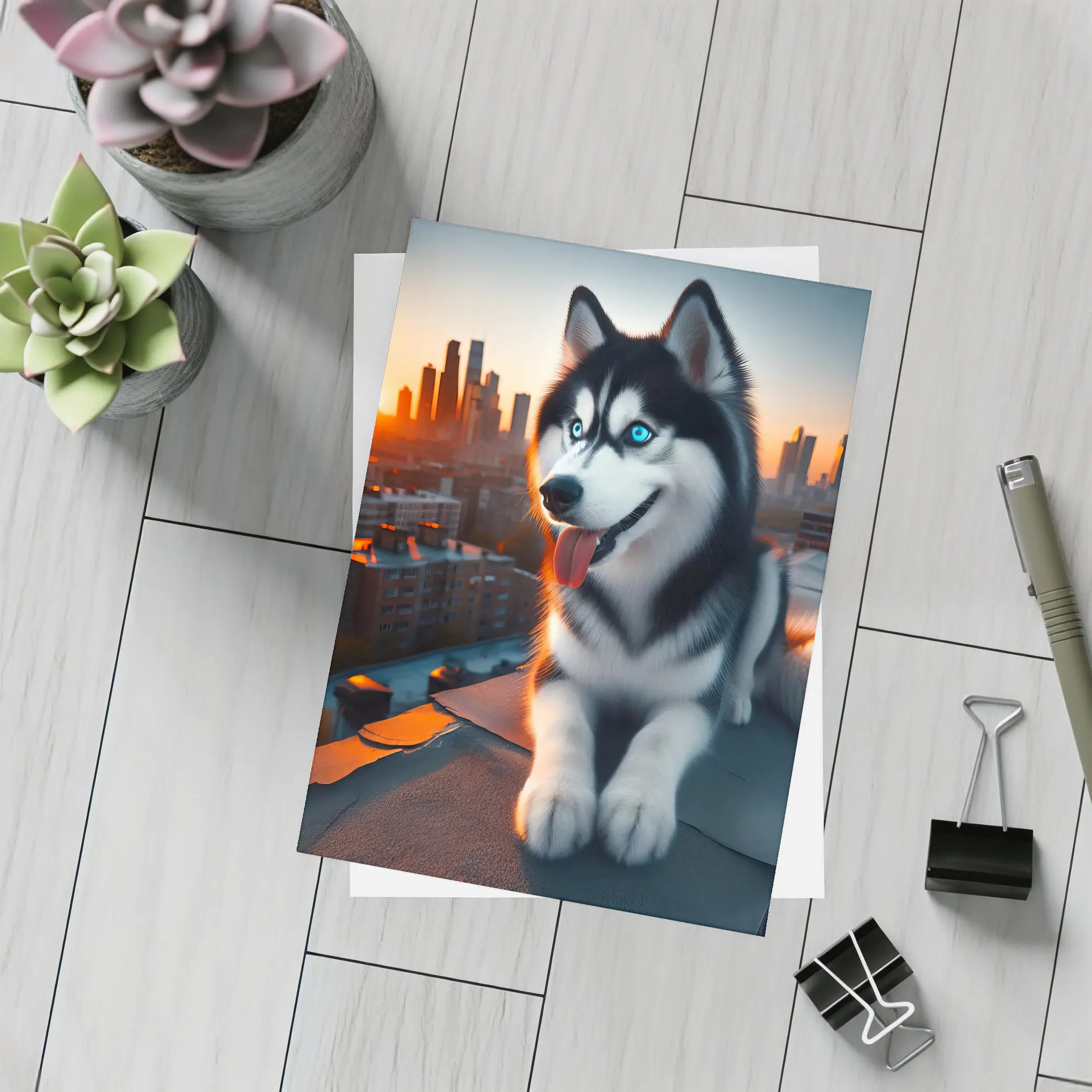 Siberian Husky Blue Eyes City Sunset – Postcards