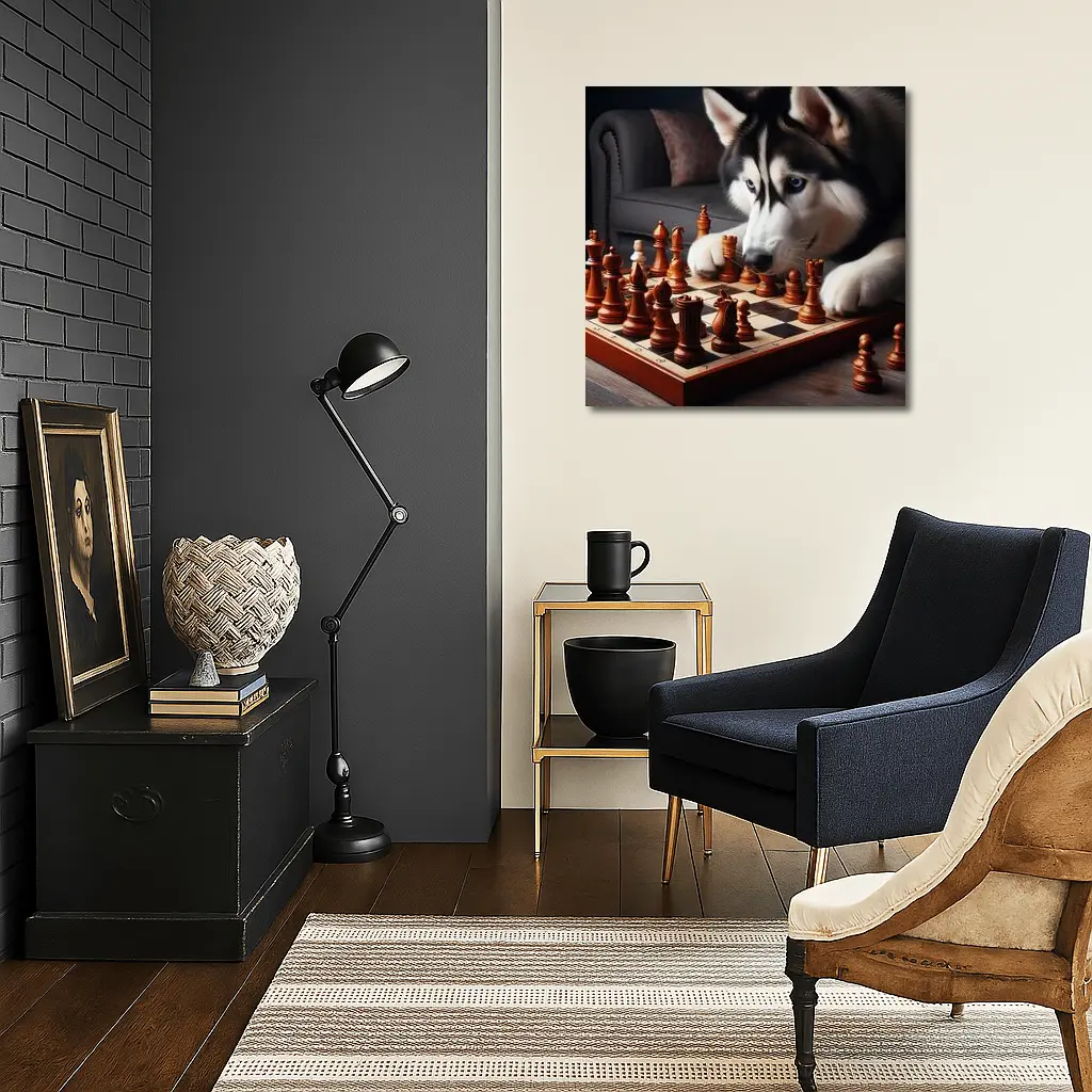 Siberian Husky Dog Playing Chess Indoors – Wall Art