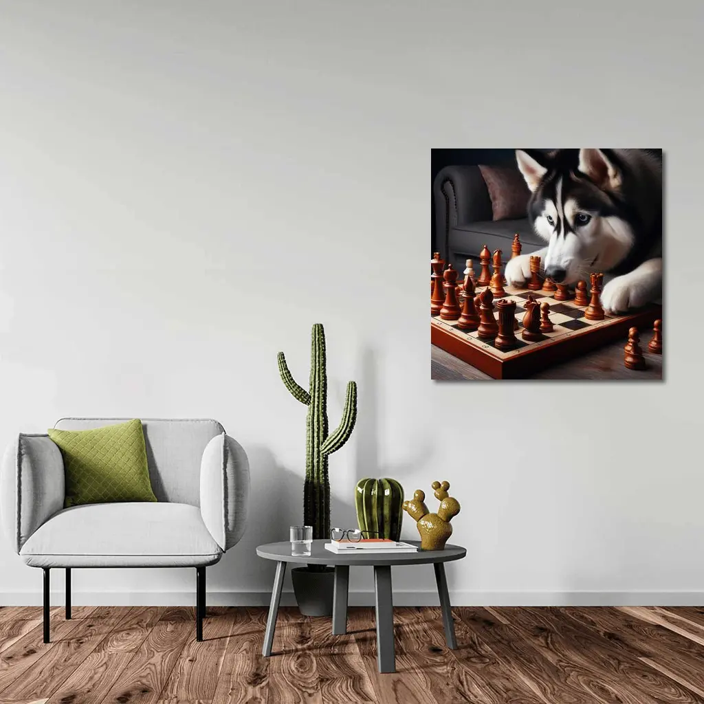 Siberian Husky Dog Playing Chess Indoors – Wall Art