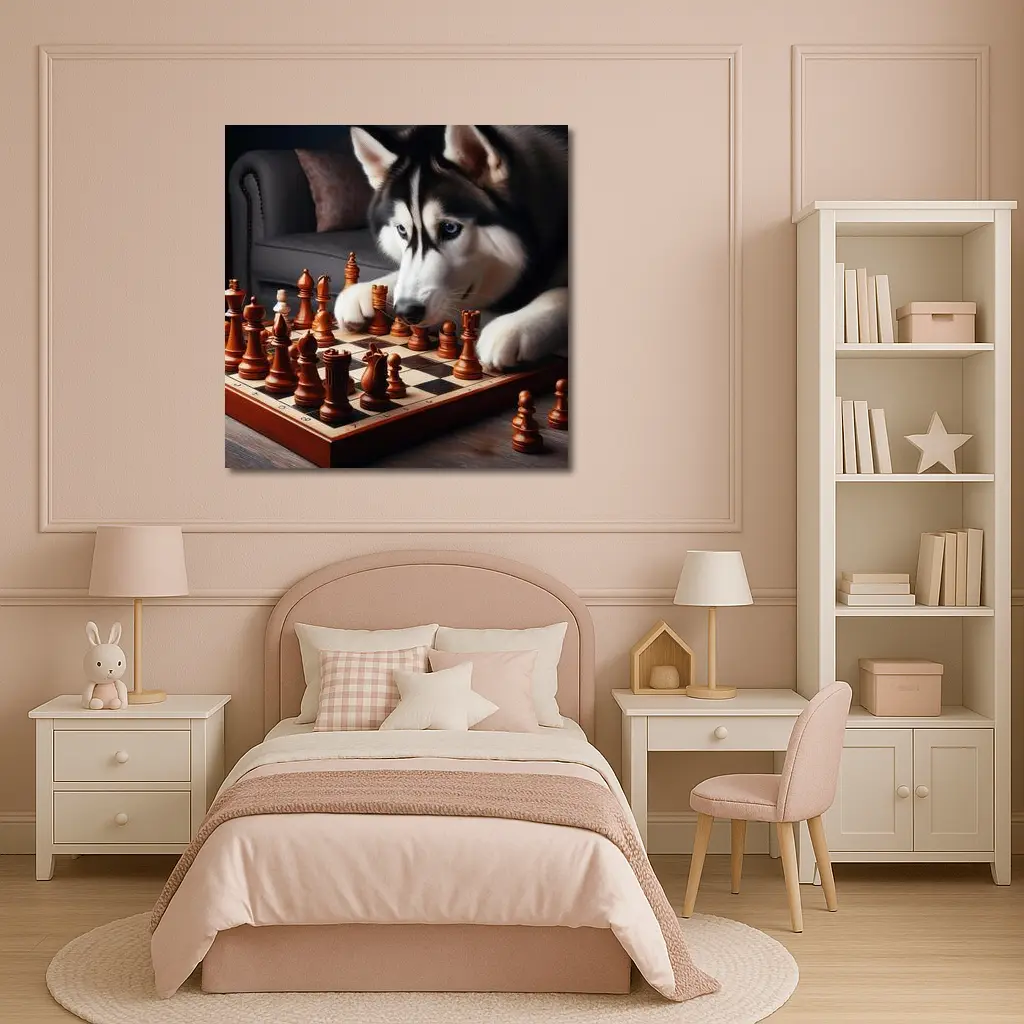 Siberian Husky Dog Playing Chess Indoors – Wall Art
