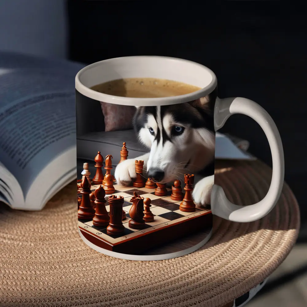 Siberian Husky Dog Playing Chess Indoors – Mugs