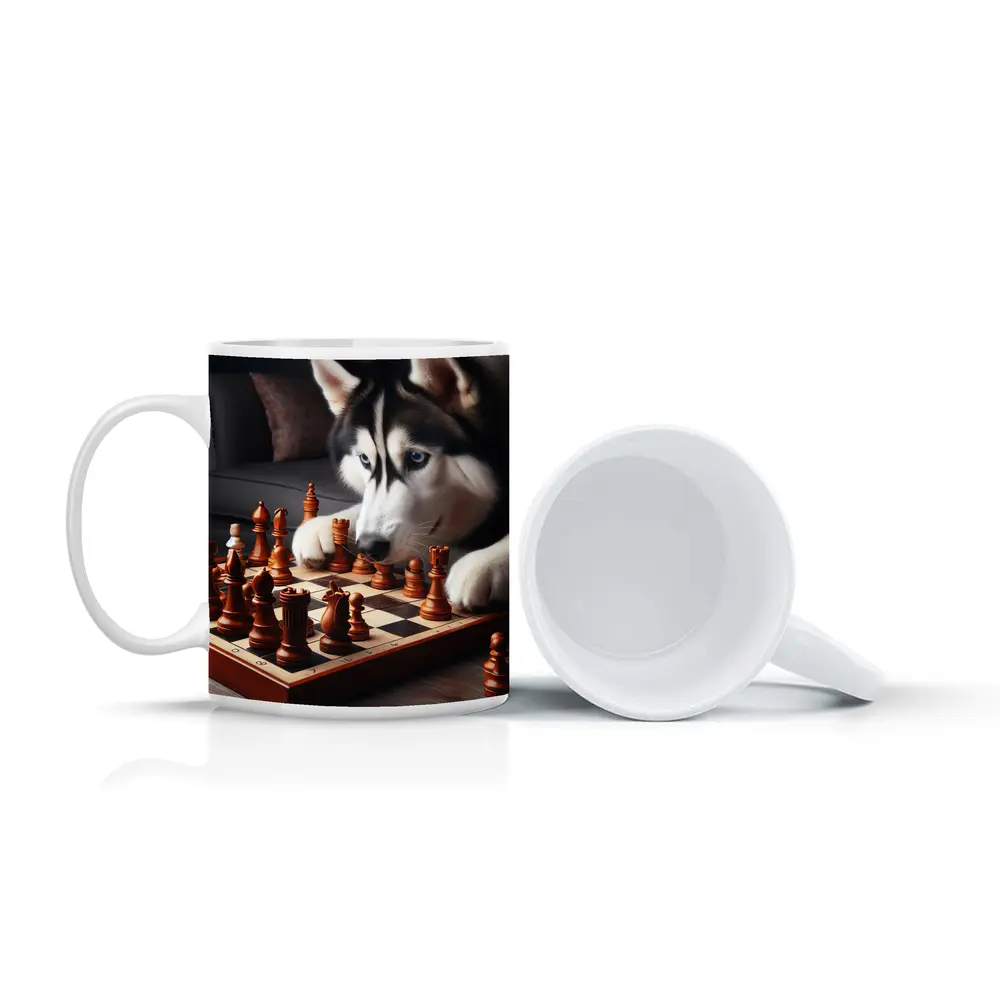 Siberian Husky Dog Playing Chess Indoors – Mugs