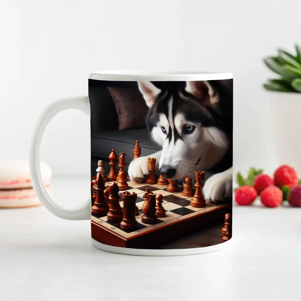 Siberian Husky Dog Playing Chess Indoors – Mugs