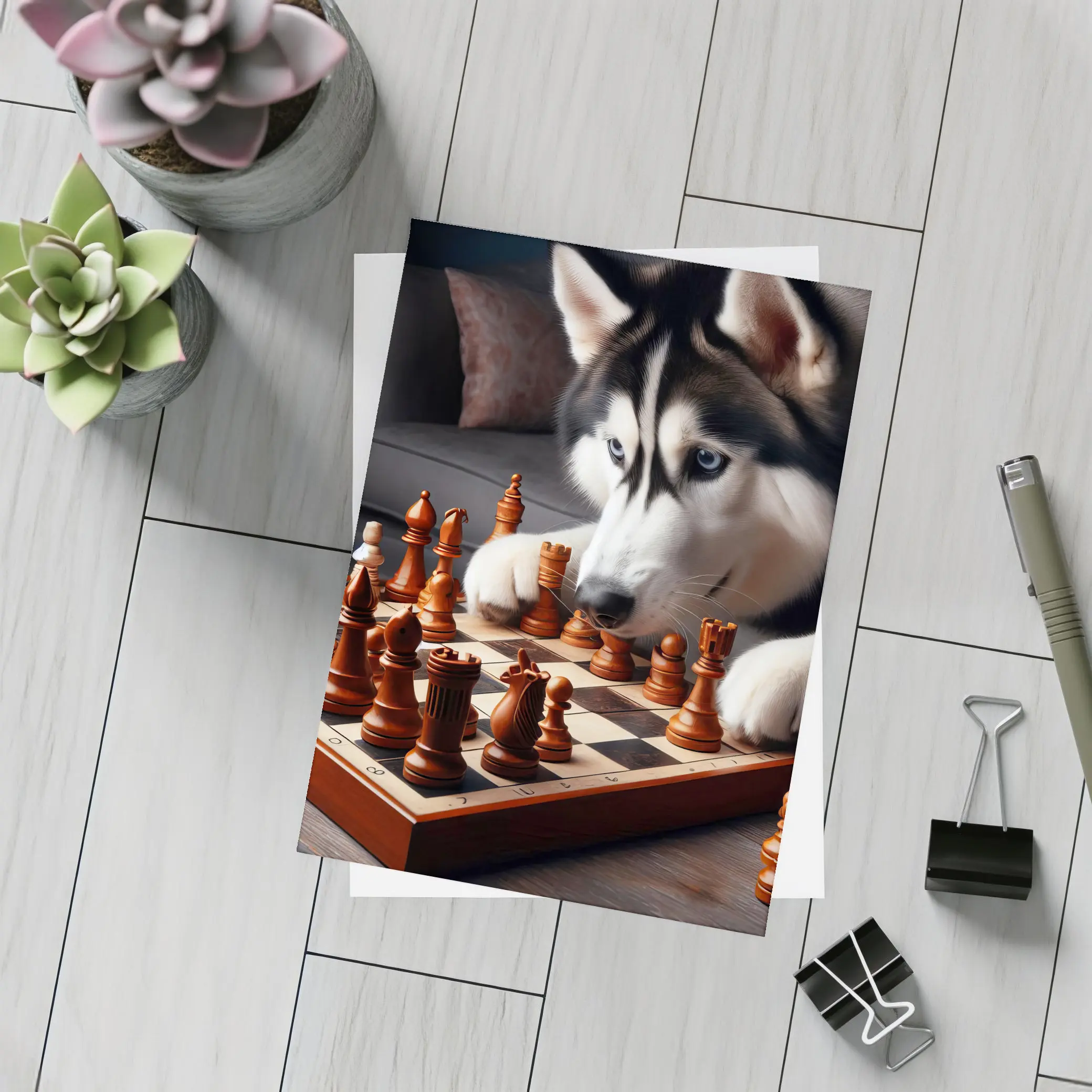 Siberian Husky Dog Playing Chess Indoors – Postcards