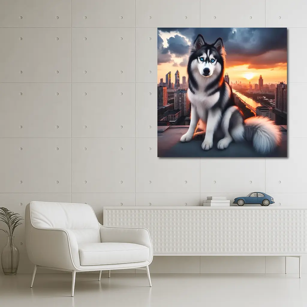 Siberian Husky Blue Eyes City Sunset – Wall Art