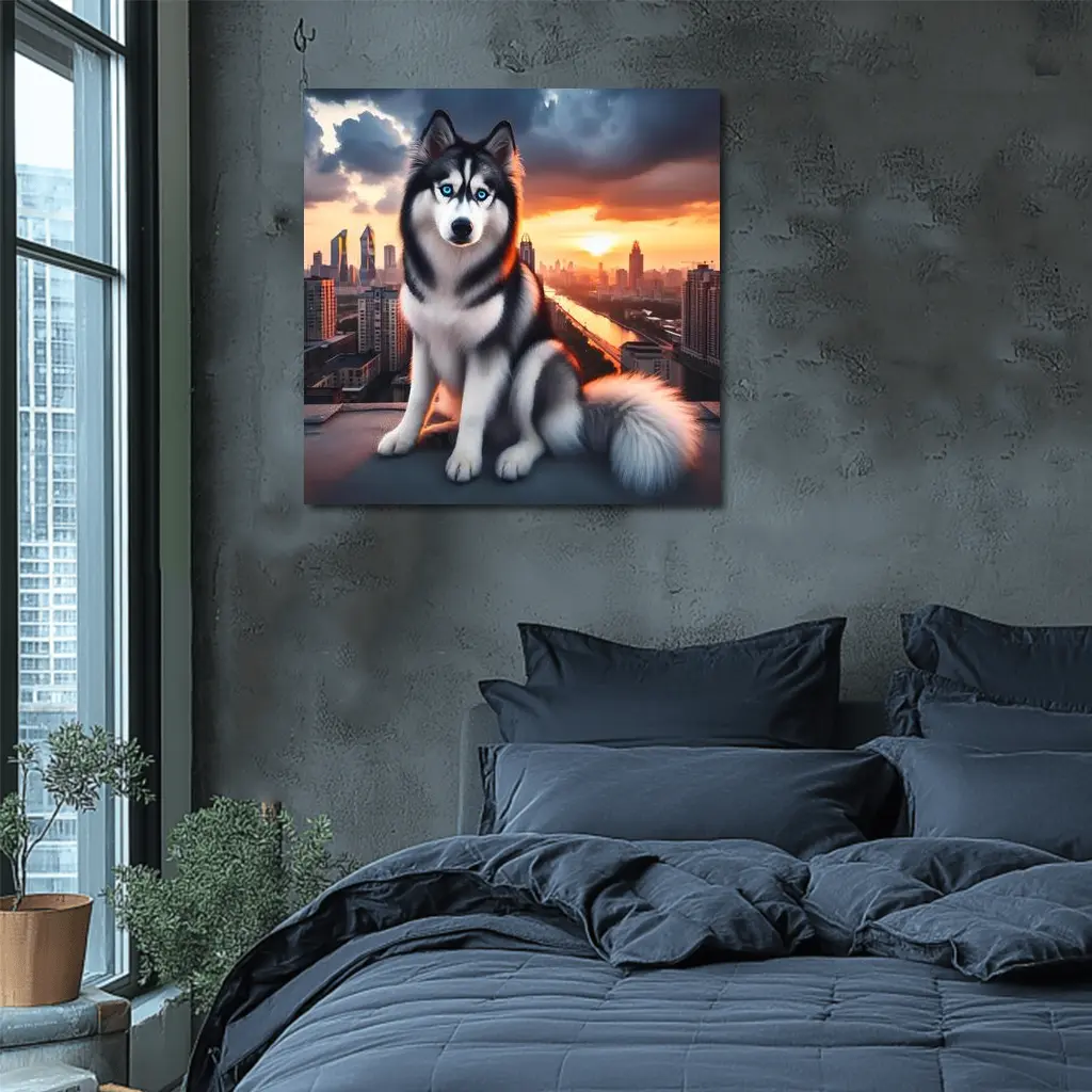Siberian Husky Blue Eyes City Sunset – Wall Art