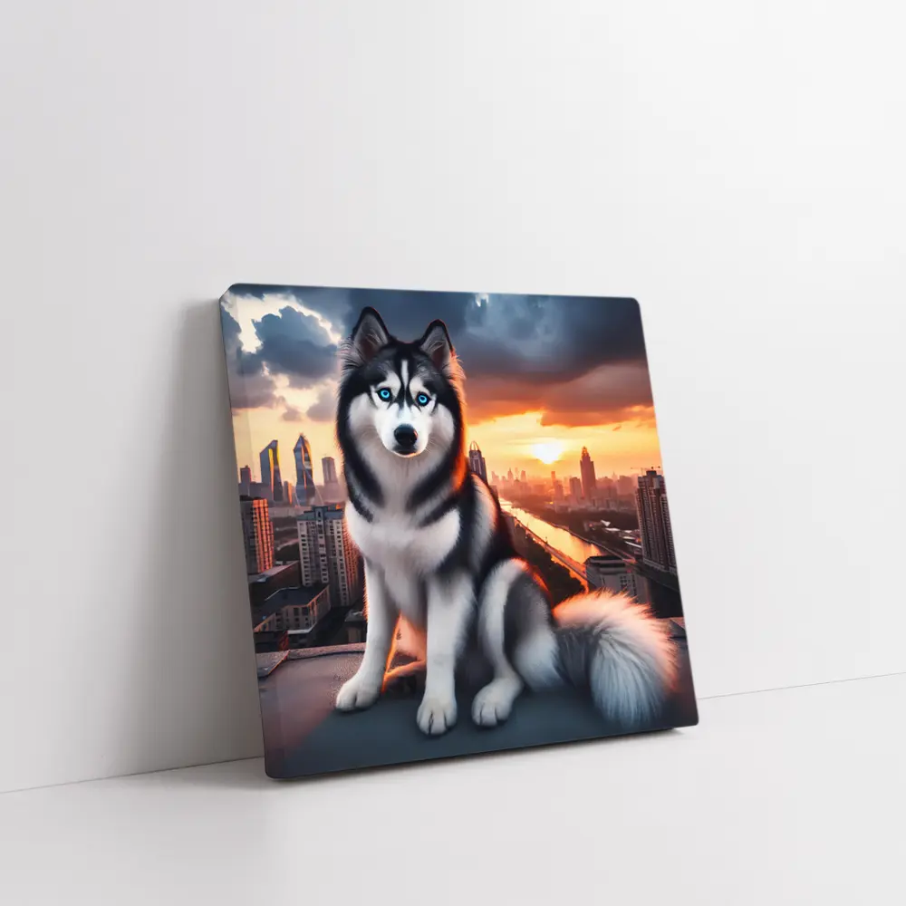 Siberian Husky Blue Eyes City Sunset – Wall Art