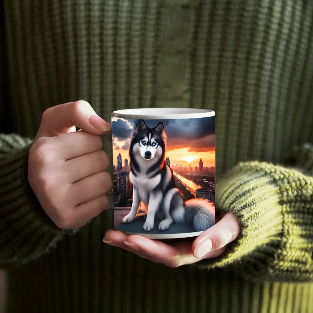 Siberian Husky Blue Eyes City Sunset – Mugs