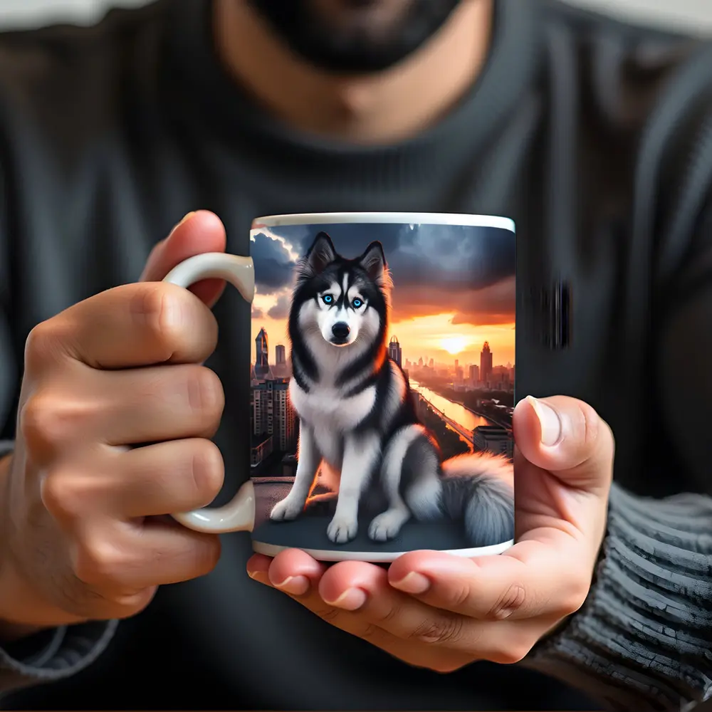 Siberian Husky Blue Eyes City Sunset – Mugs