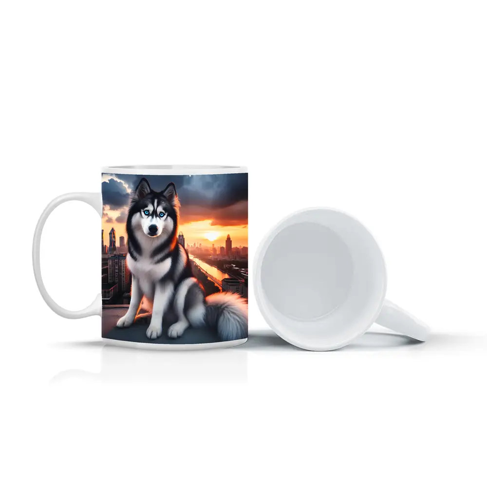 Siberian Husky Blue Eyes City Sunset – Mugs