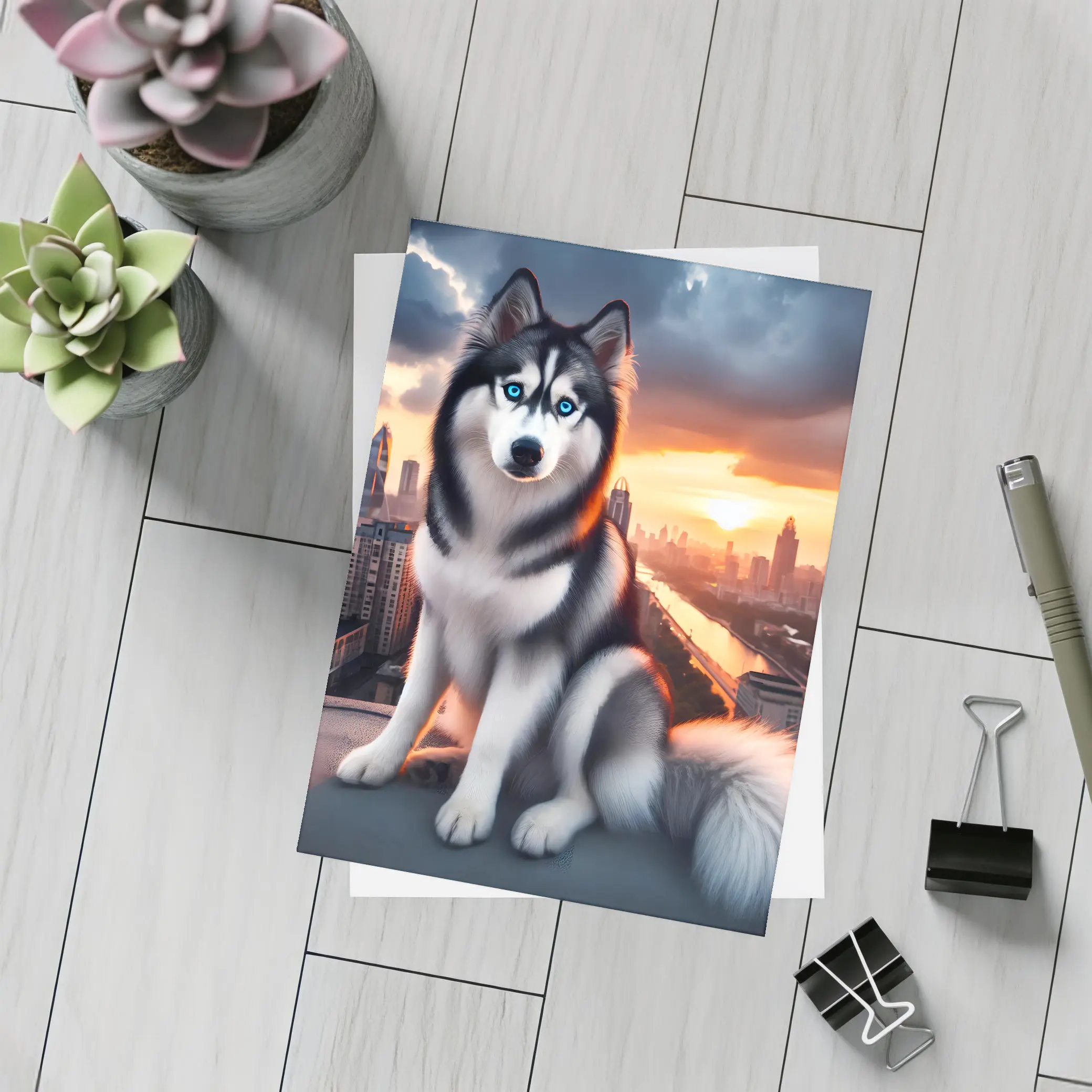 Siberian Husky Blue Eyes City Sunset – Postcards