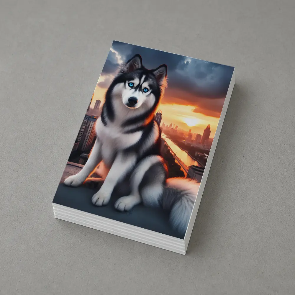 Siberian Husky Blue Eyes City Sunset – Postcards