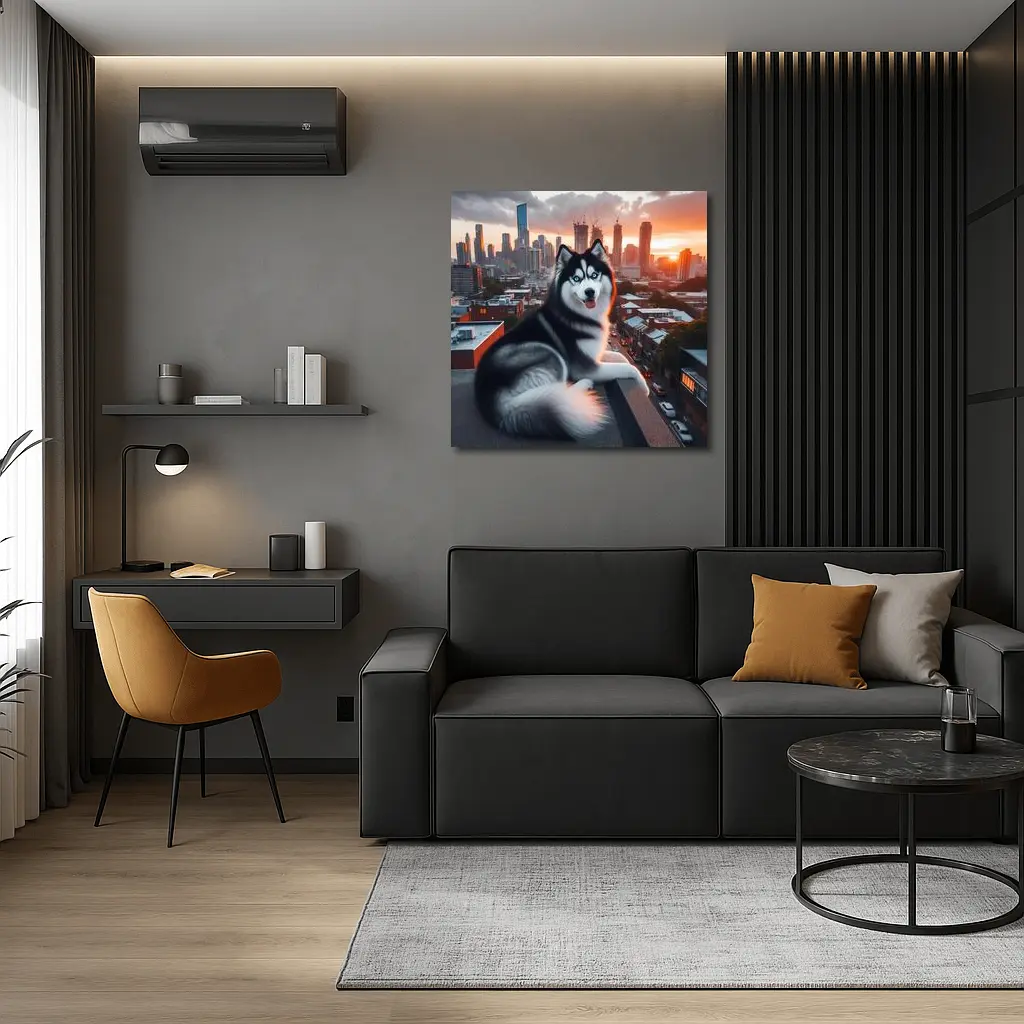 Siberian Husky Dog City Skyline Sunset – Wall Art