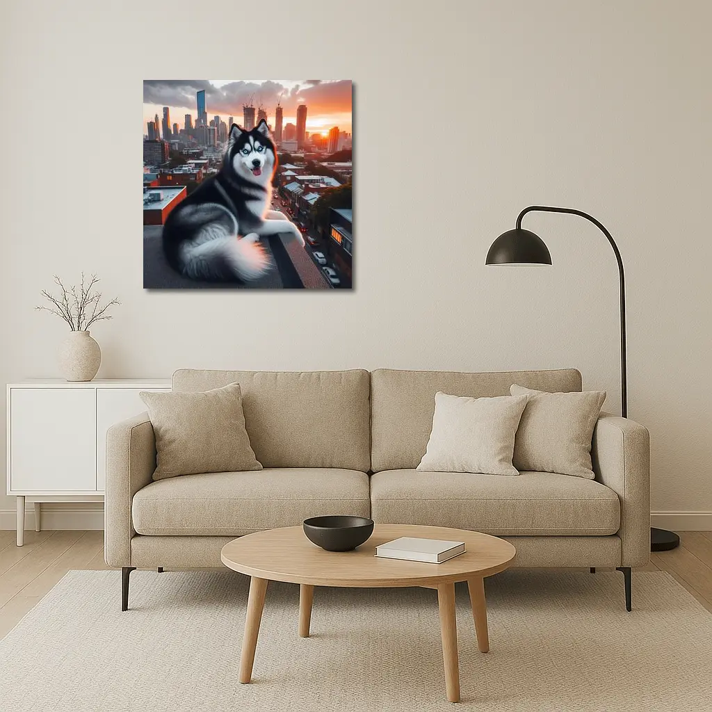 Siberian Husky Dog City Skyline Sunset – Wall Art