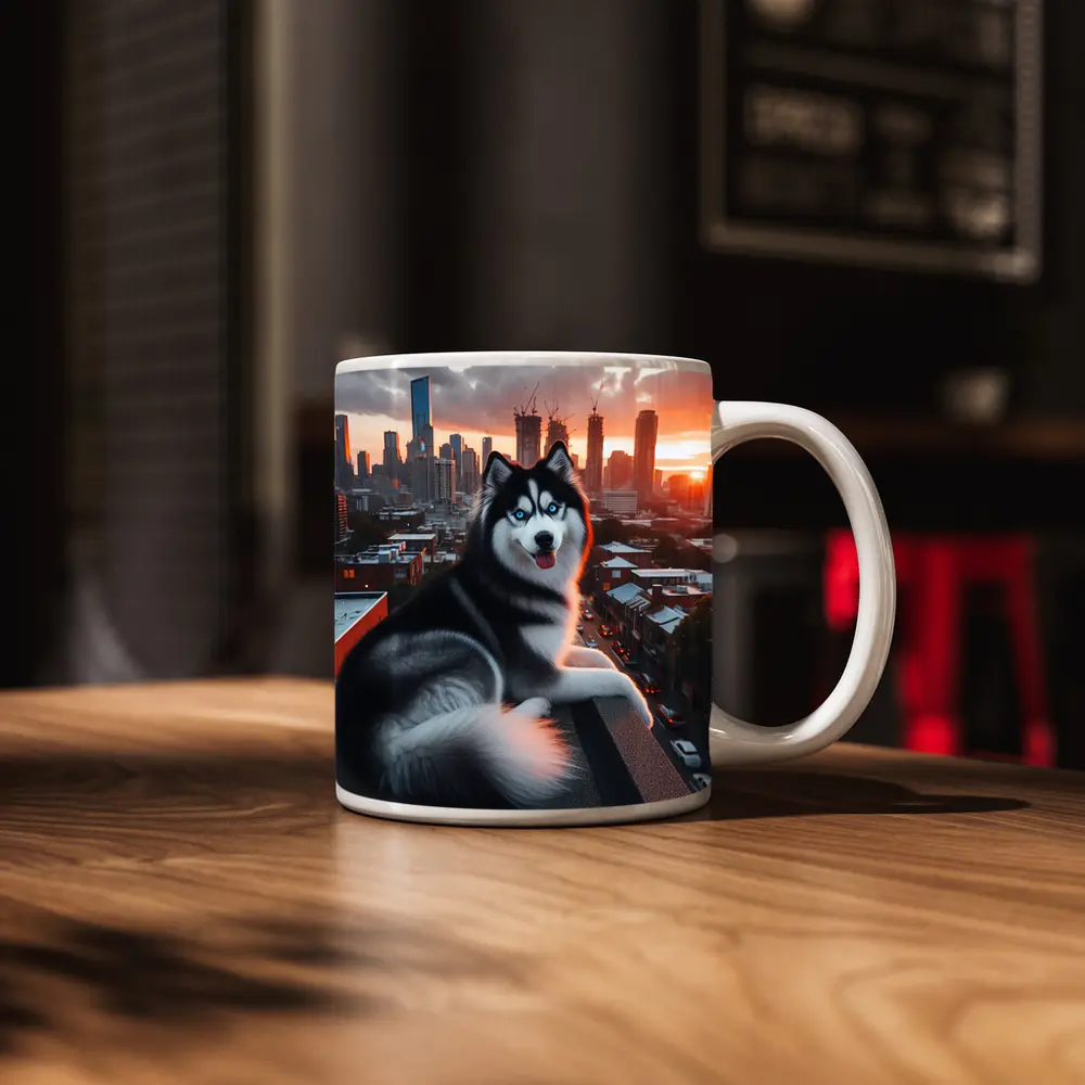 Siberian Husky Dog City Skyline Sunset – Mugs
