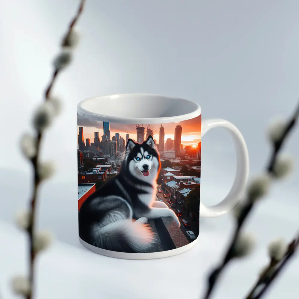 Siberian Husky Dog City Skyline Sunset – Mugs