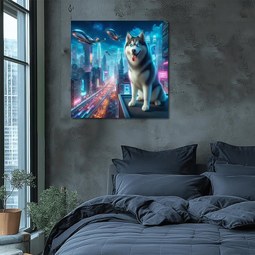 Siberian Husky Cyberpunk Neon City Night – Wall Art