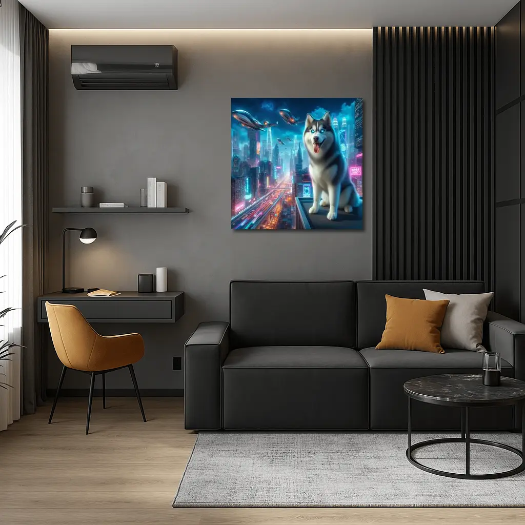 Siberian Husky Cyberpunk Neon City Night – Wall Art