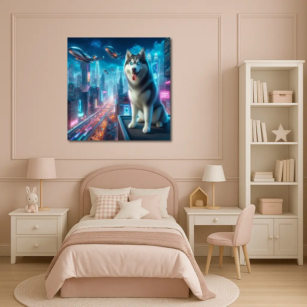 Siberian Husky Cyberpunk Neon City Night – Wall Art