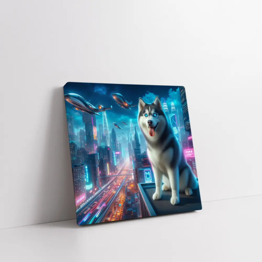 Siberian Husky Cyberpunk Neon City Night – Wall Art