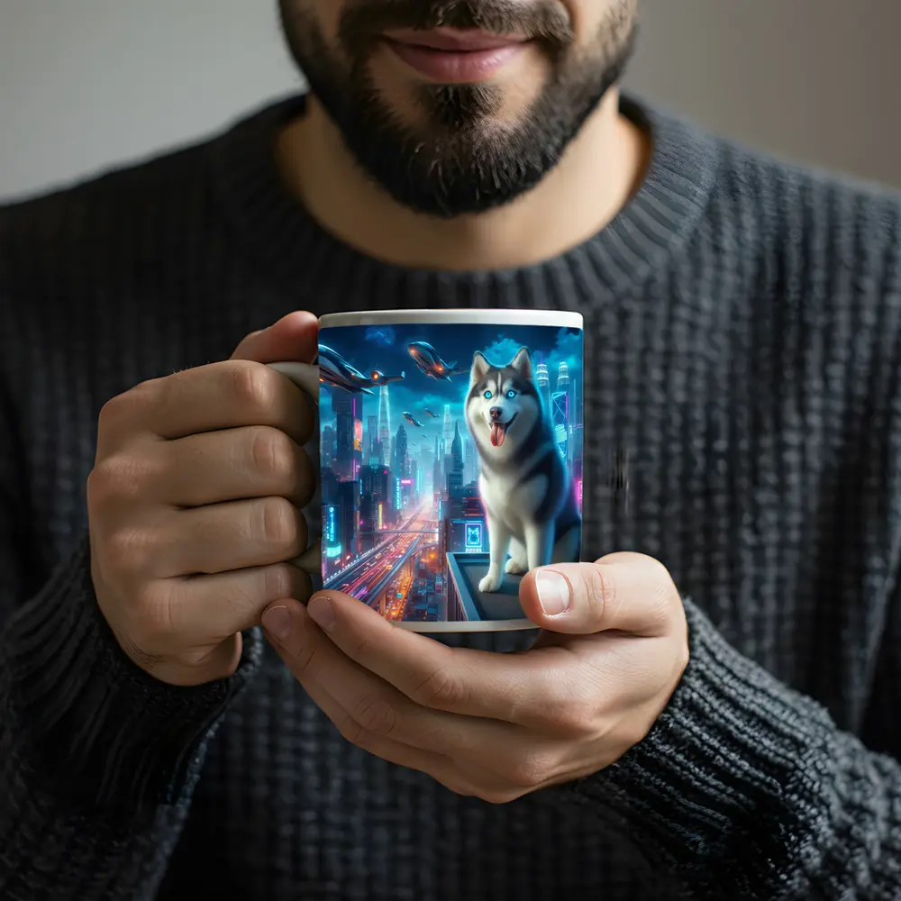 Siberian Husky Cyberpunk Neon City Night – Mugs