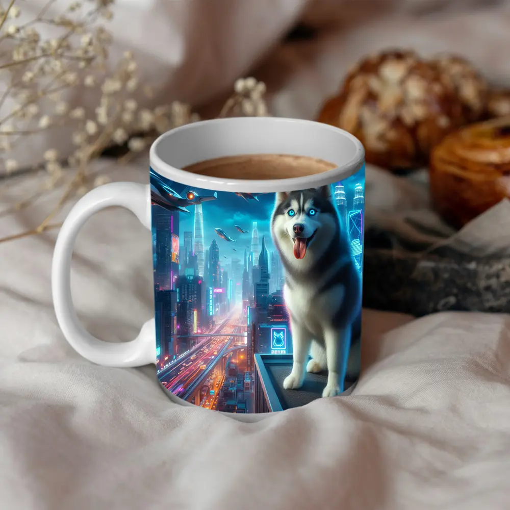 Siberian Husky Cyberpunk Neon City Night – Mugs