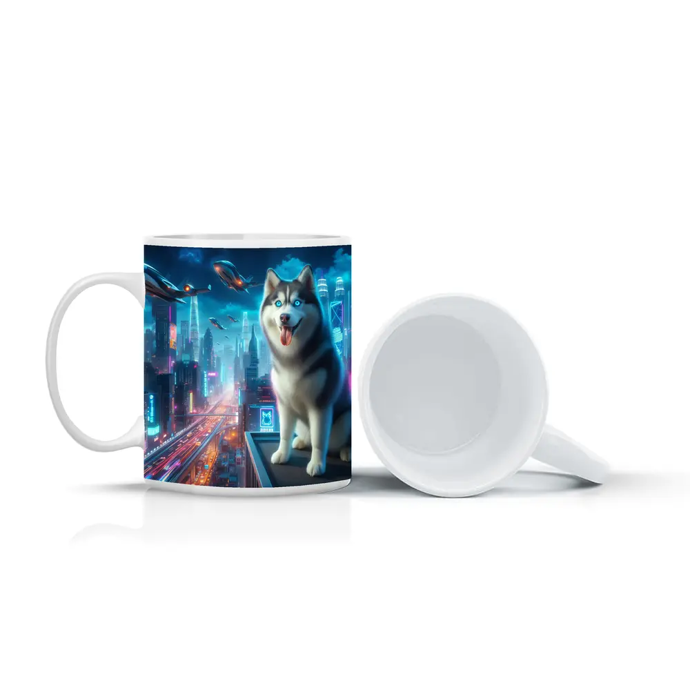 Siberian Husky Cyberpunk Neon City Night – Mugs