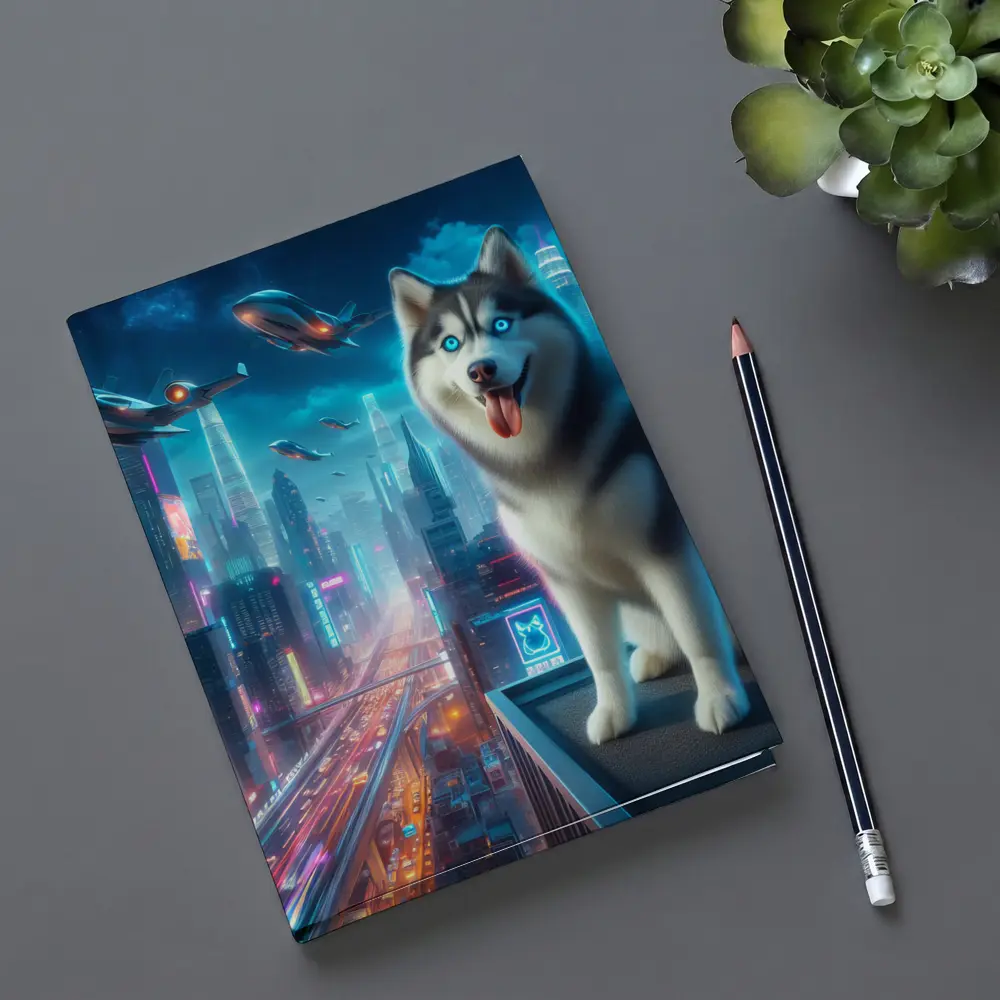 Siberian Husky Cyberpunk Neon City Night – Notebooks