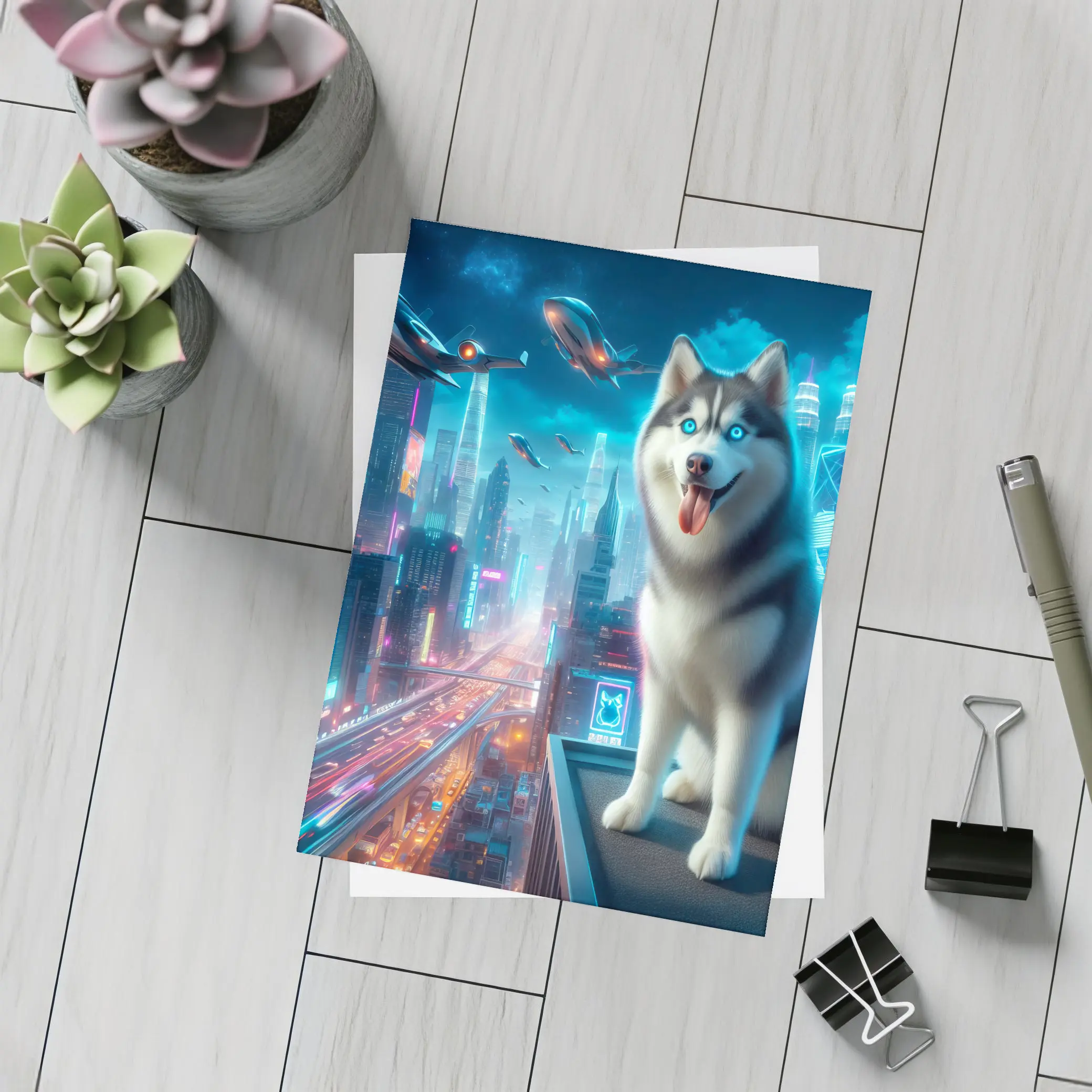 Siberian Husky Cyberpunk Neon City Night – Postcards