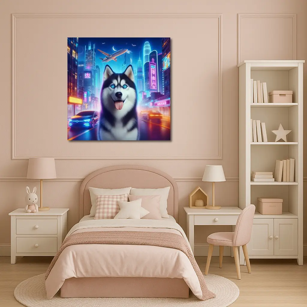 Siberian Husky Neon City Night Scene – Wall Art