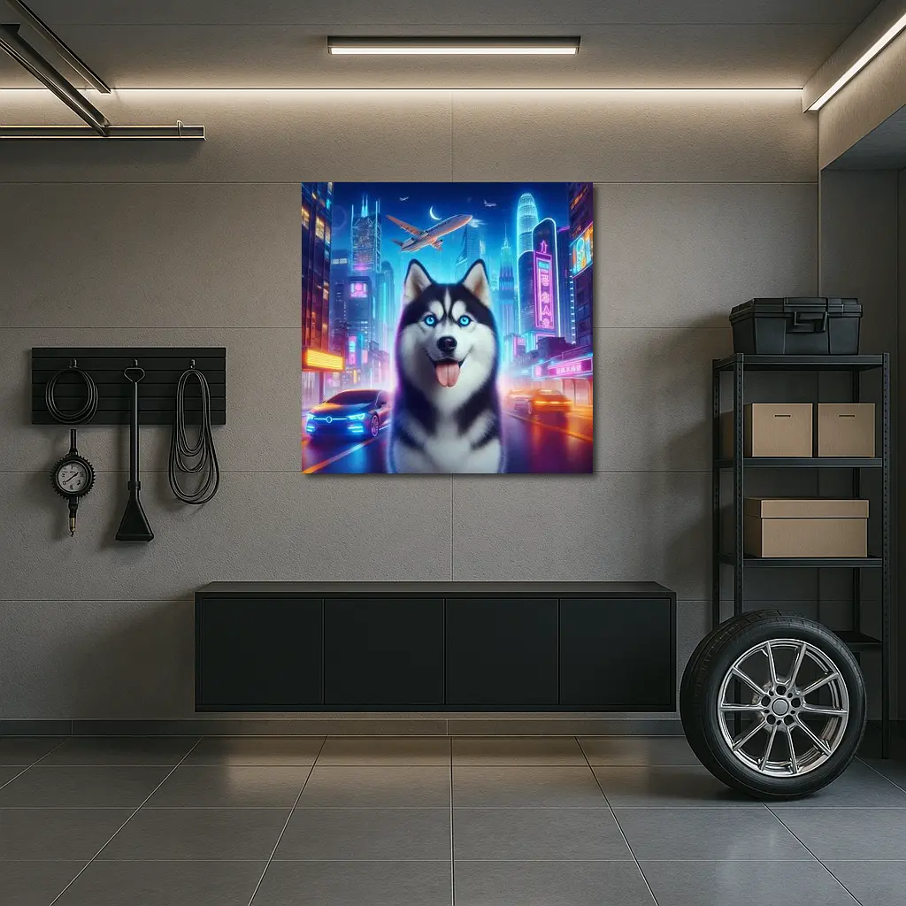 Siberian Husky Neon City Night Scene – Wall Art