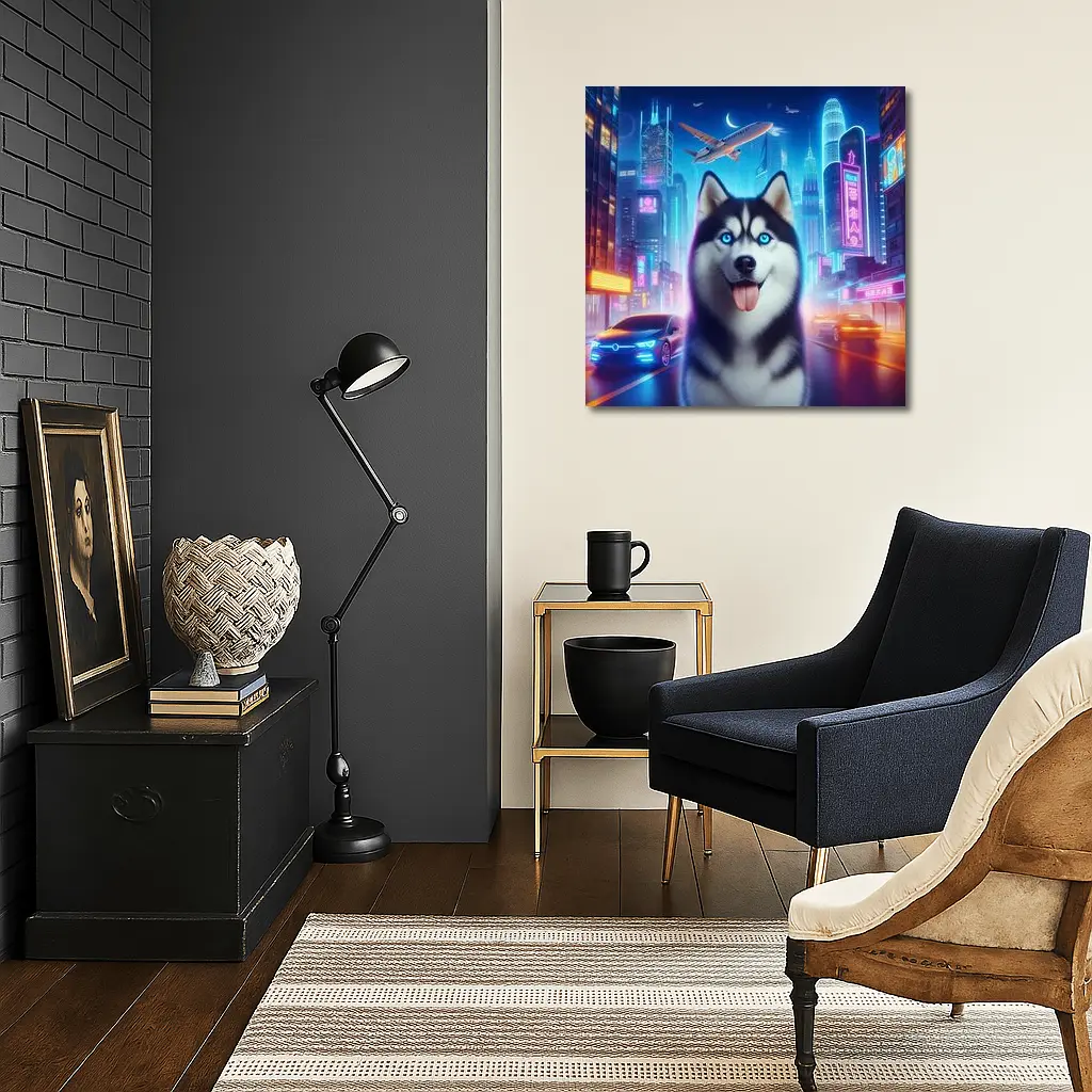 Siberian Husky Neon City Night Scene – Wall Art