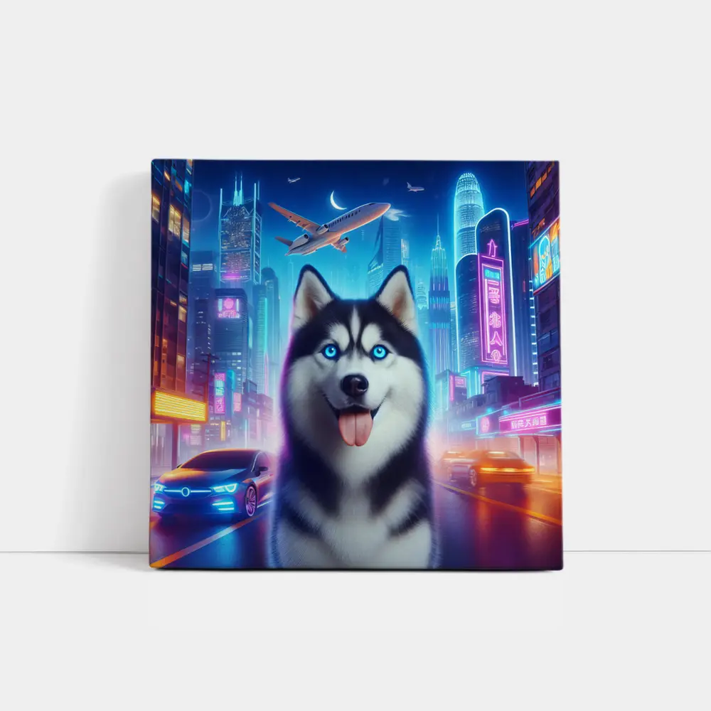 Siberian Husky Neon City Night Scene – Wall Art