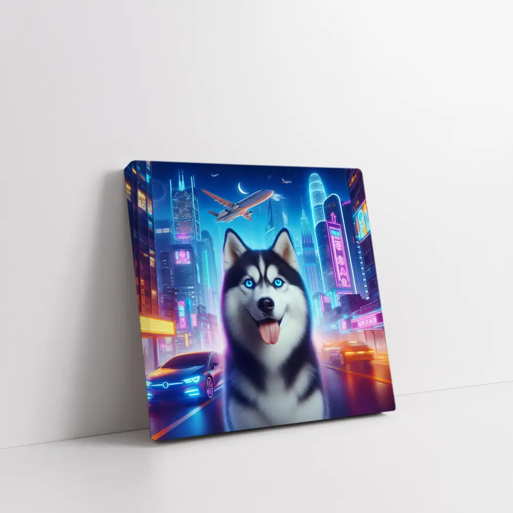 Siberian Husky Neon City Night Scene – Wall Art