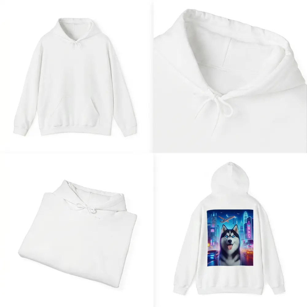 Siberian Husky Neon City Night Scene – Hoodies