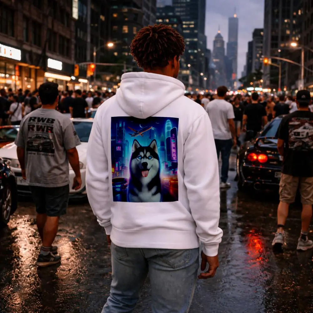 Siberian Husky Neon City Night Scene – Hoodies