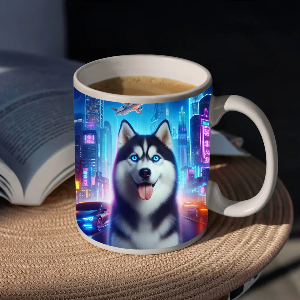 Siberian Husky Neon City Night Scene – Mugs