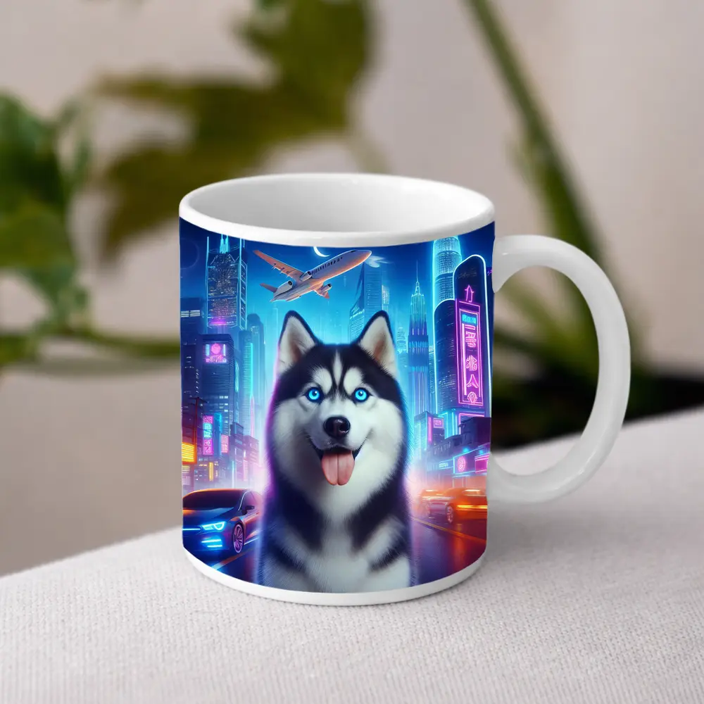 Siberian Husky Neon City Night Scene – Mugs
