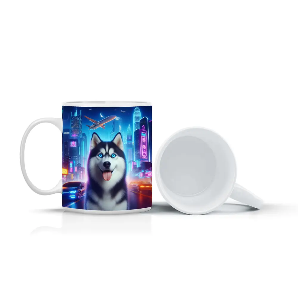Siberian Husky Neon City Night Scene – Mugs