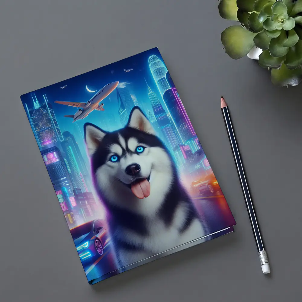 Siberian Husky Neon City Night Scene – Notebooks