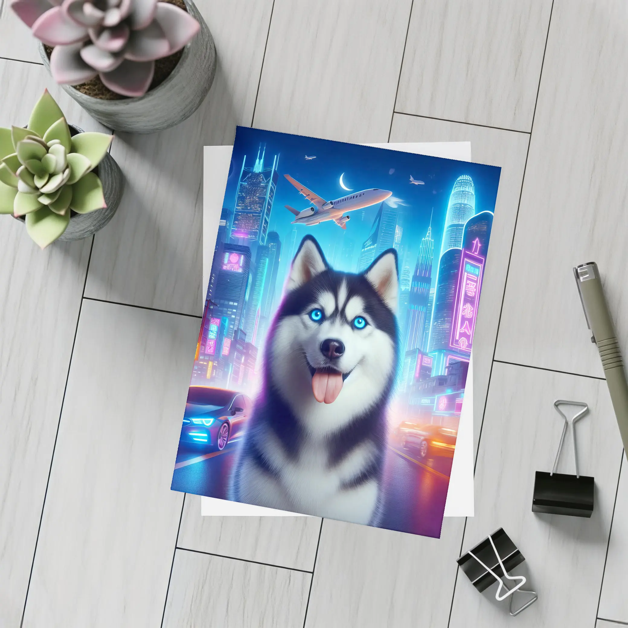 Siberian Husky Neon City Night Scene – Postcards