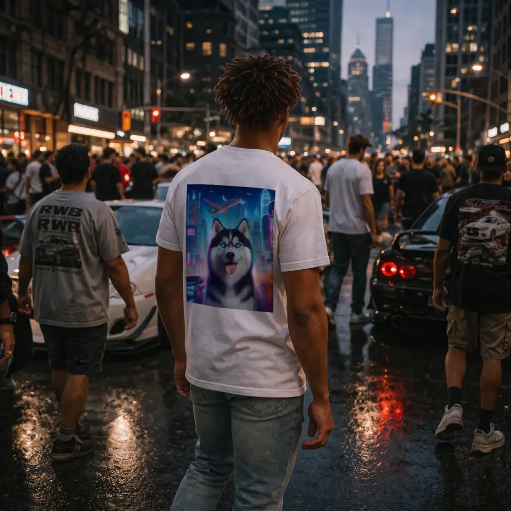 Siberian Husky Neon City Night Scene – T-Shirts