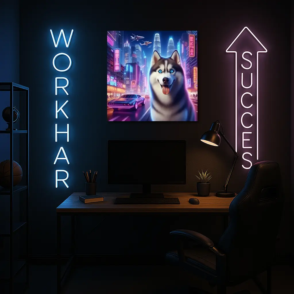 Siberian Husky Neon Cyberpunk City Night – Wall Art