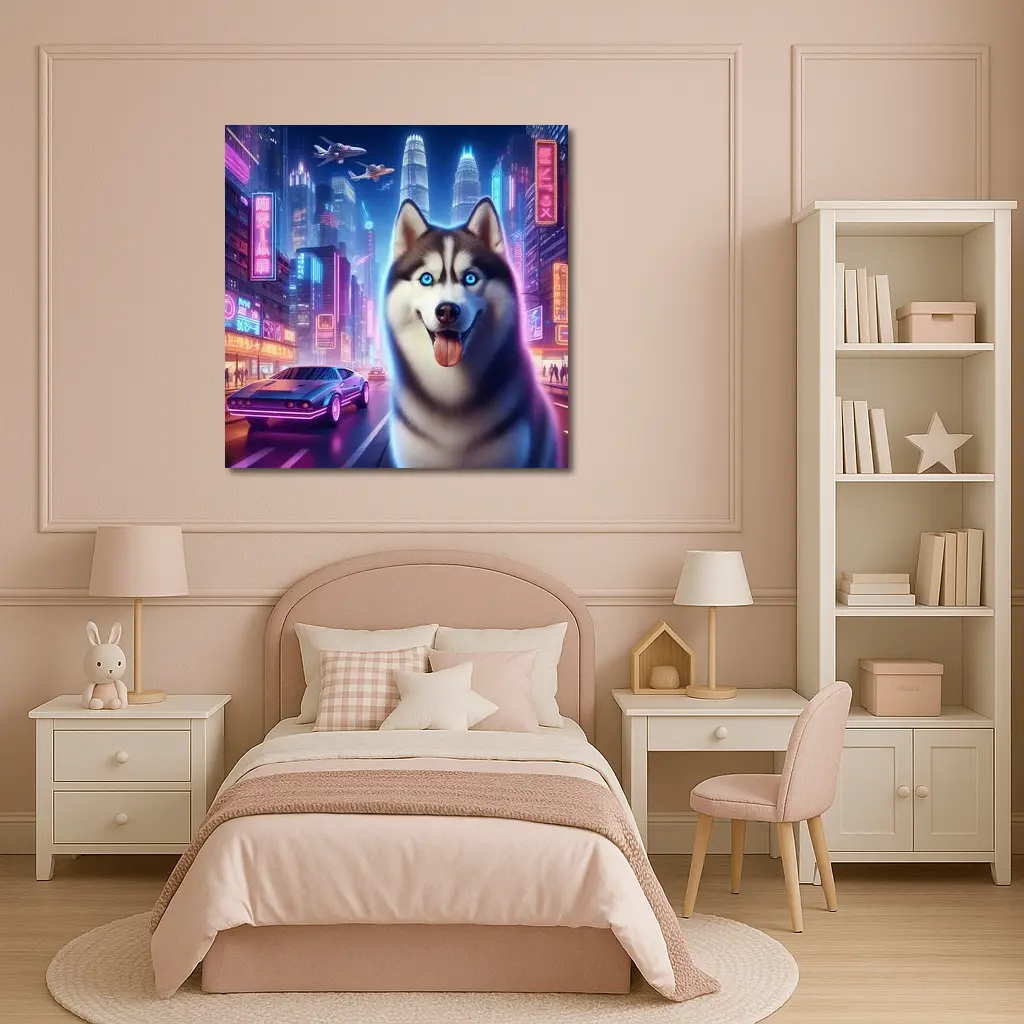 Siberian Husky Neon Cyberpunk City Night – Wall Art