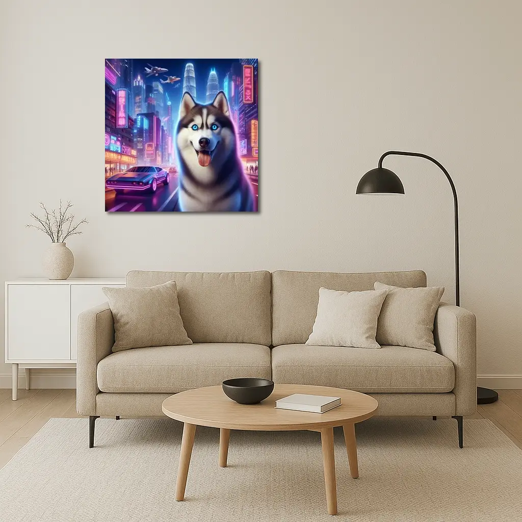 Siberian Husky Neon Cyberpunk City Night – Wall Art