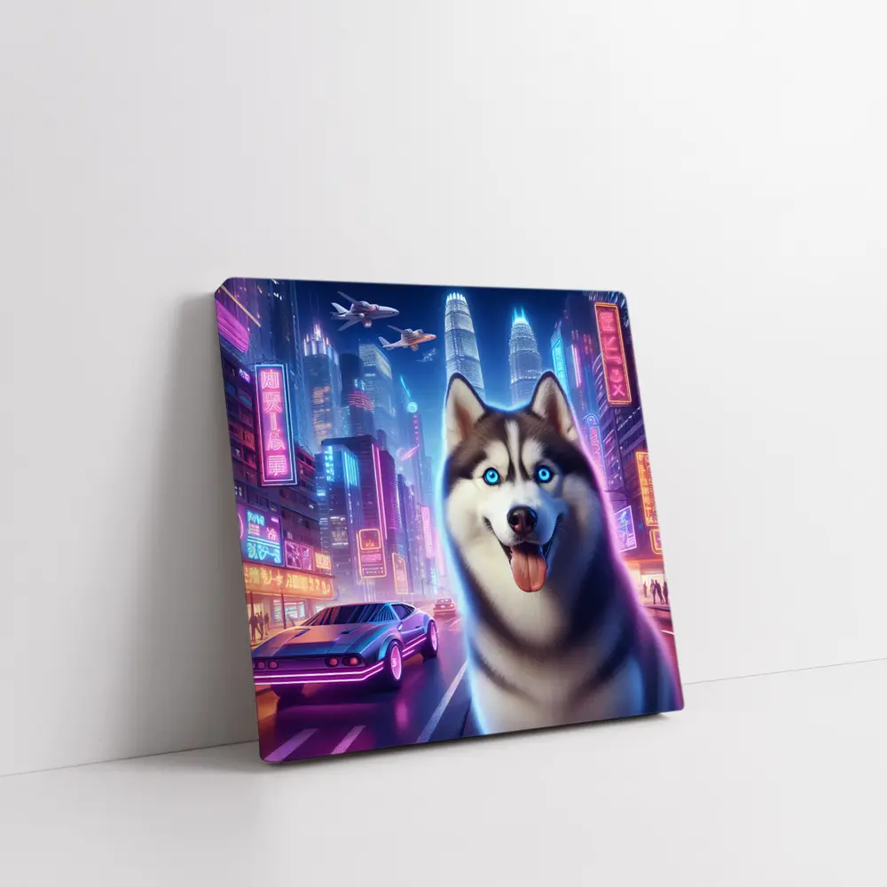 Siberian Husky Neon Cyberpunk City Night – Wall Art