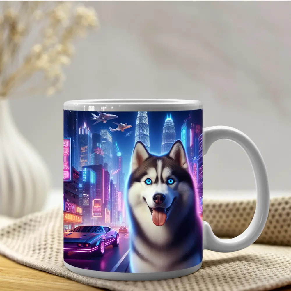 Siberian Husky Neon Cyberpunk City Night – Mugs