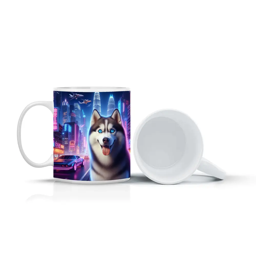 Siberian Husky Neon Cyberpunk City Night – Mugs